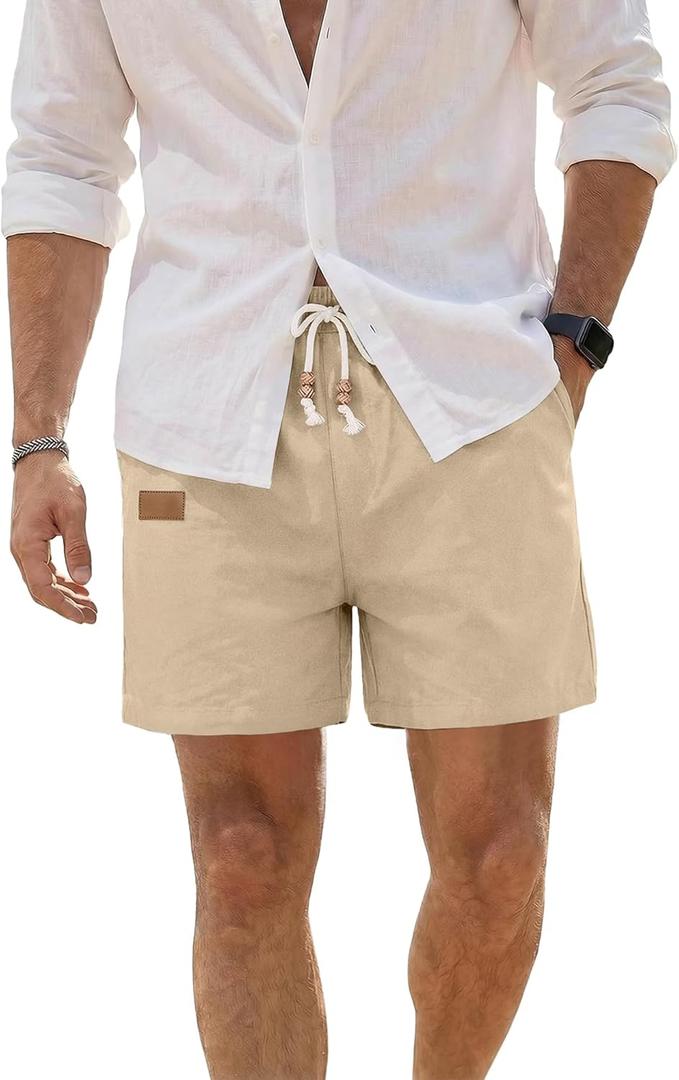 JMIERR Mens Linen Shorts Casual 5"/ 7" Cotton Elastic Waist Drawstring Lightweight Summer Vacation Beach Shorts with Pockets (Large)