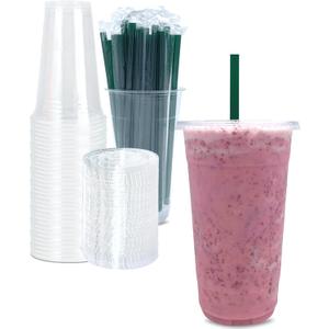 32 oz Clear Plastic Cups with Lids and STRAWS, Disposable Drinking Cups for Cold Drinks, Iced Coffee, Milkshakes, Smoothies, 25 Sets (EXP 07/24/26)
