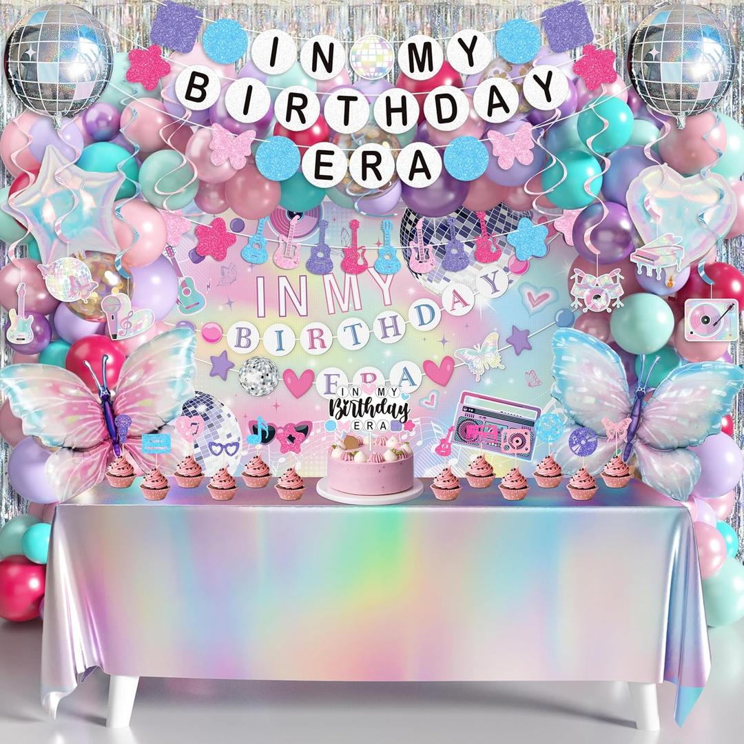 In My Birthday Era Decorations, Music Birthday Decorations, Popular Singer Theme Party Supplies for Girls Pink Purple Balloon Arch Friendship Bracelet Garland Backdrop Cake Toppers Hanging Swirls