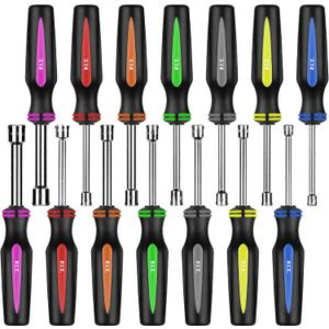 P.I.T.14PC SAE and Metric Nut Driver Set, Solid Shaft Nut Drivers(3/ 16 to 1/ 2 Inch and 5 to 10 mm) For Tightening and Loosening Fasteners with Color Coded Nonslip Comfort TPR Hand Grips