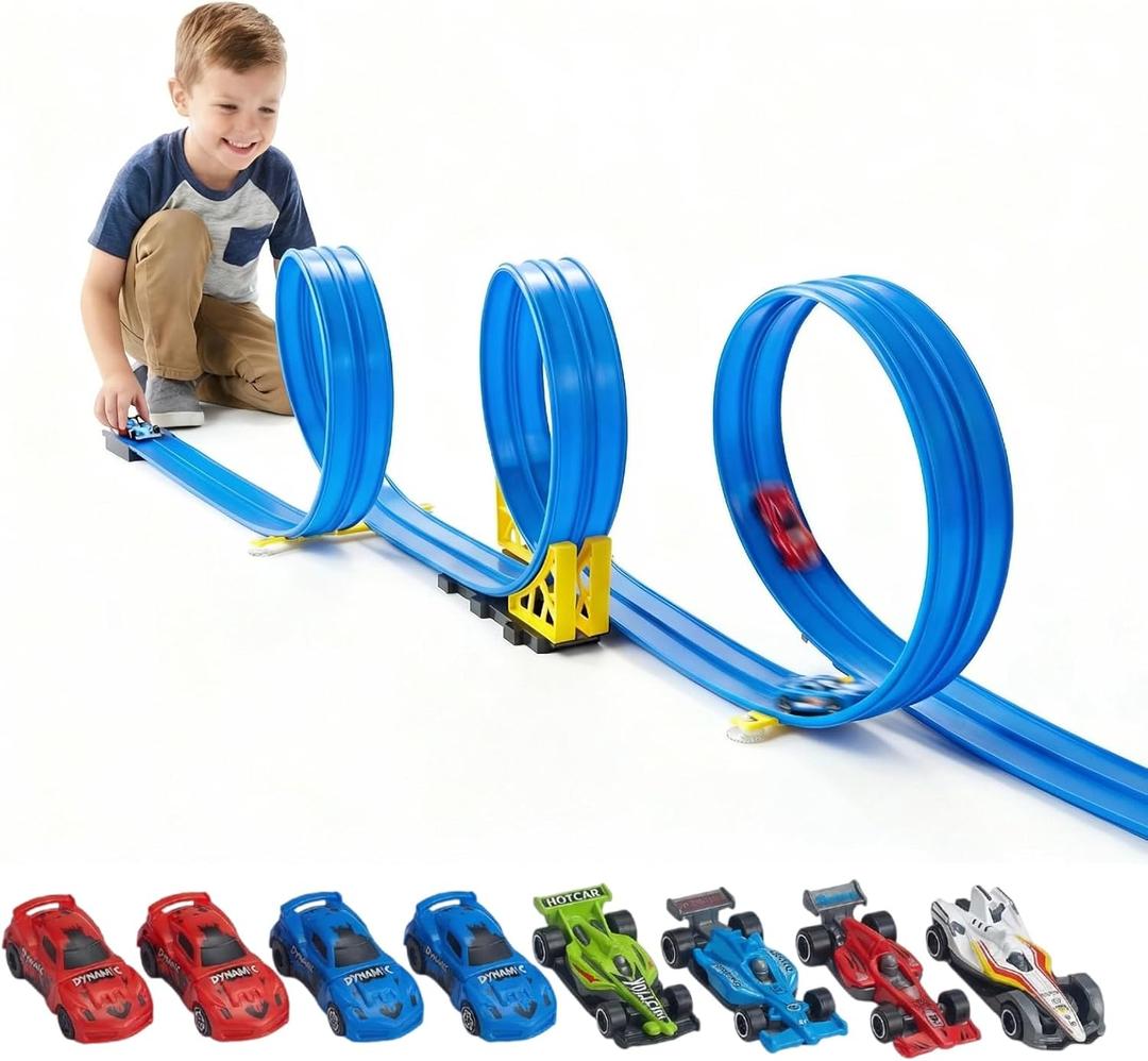 16.5 Ft Flexible Race Track with Support Compatible with Hot Wheels 1/64 Cars, Toddle Kids Toys Christmas Birthday Gifts Party Favors for Boys Girls Grandkids Age 2 3 4 5 6 7 8 (Blue)