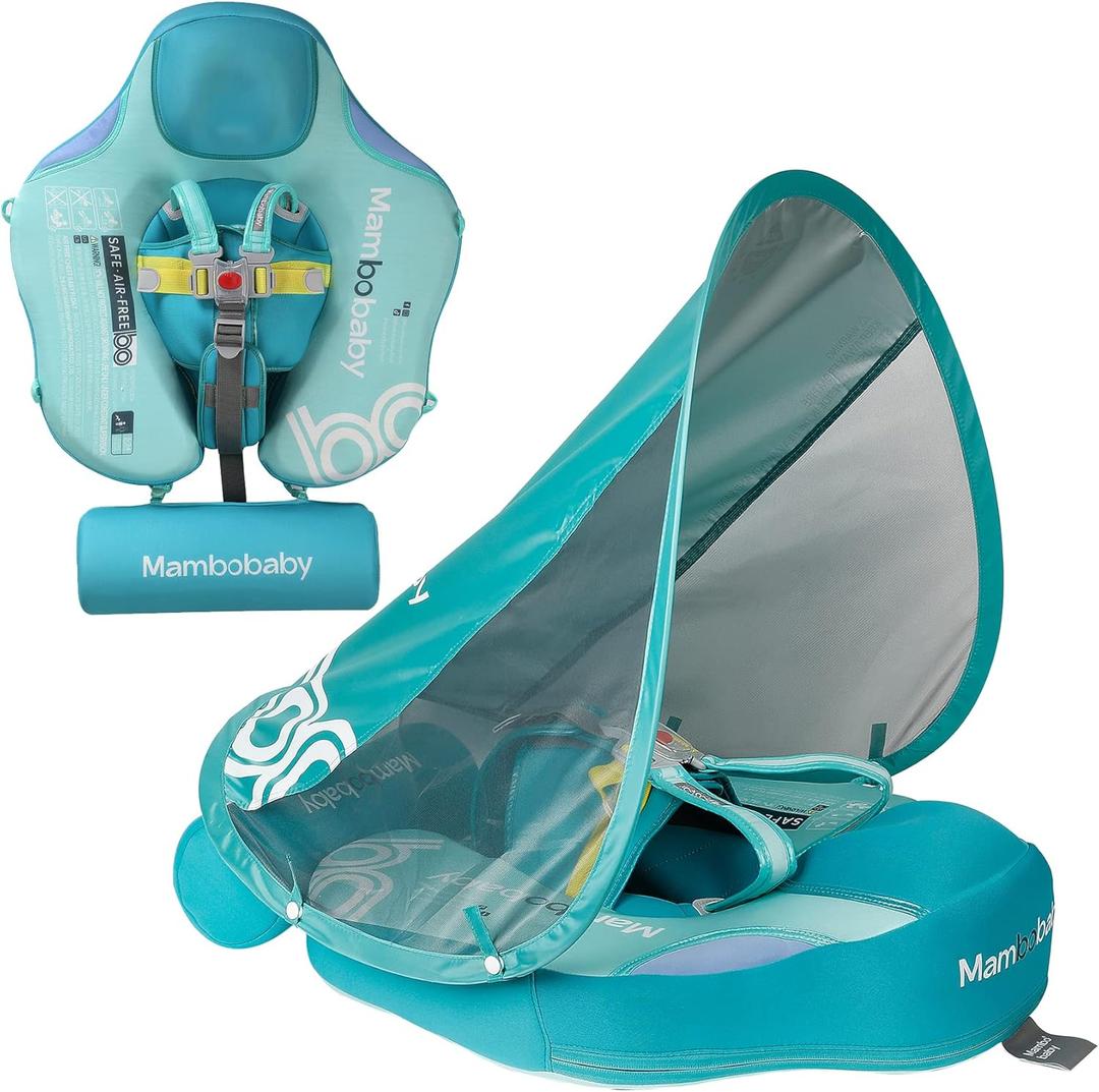 Add Tail Mambobaby Float with Canopy, Baby Floats for Pool Non-Inflatable Waist Float Swim Training Toy with UPF 50+ UV Sun Canopy (Contrast-Green)