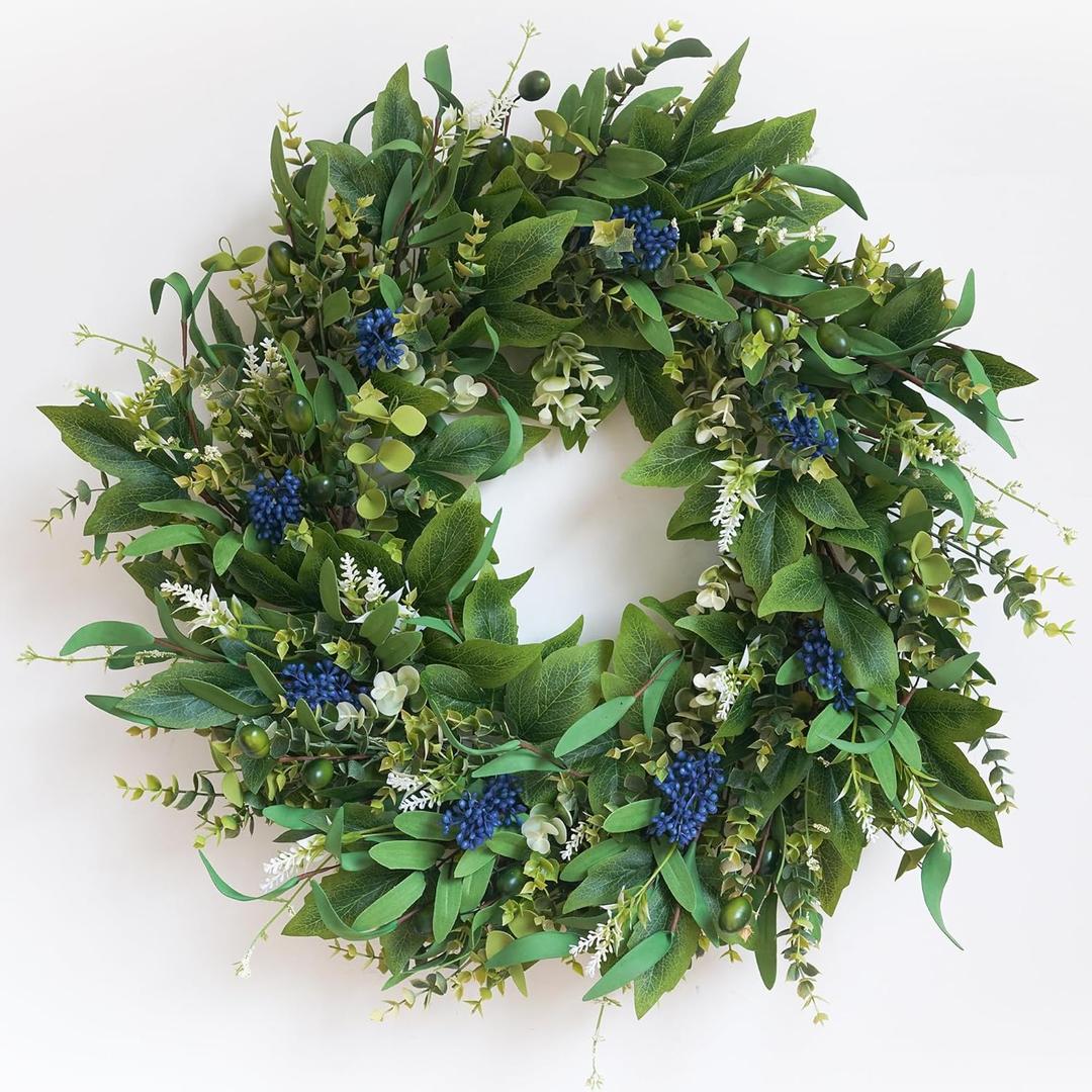 HomeKaren Wreaths for Front Door 26", Door Spring Wreath with Eucalyptus Olive Boxwood Leaves, Greenery Wreath Door Decoration for Spring Summer All Season Home and Outdoor