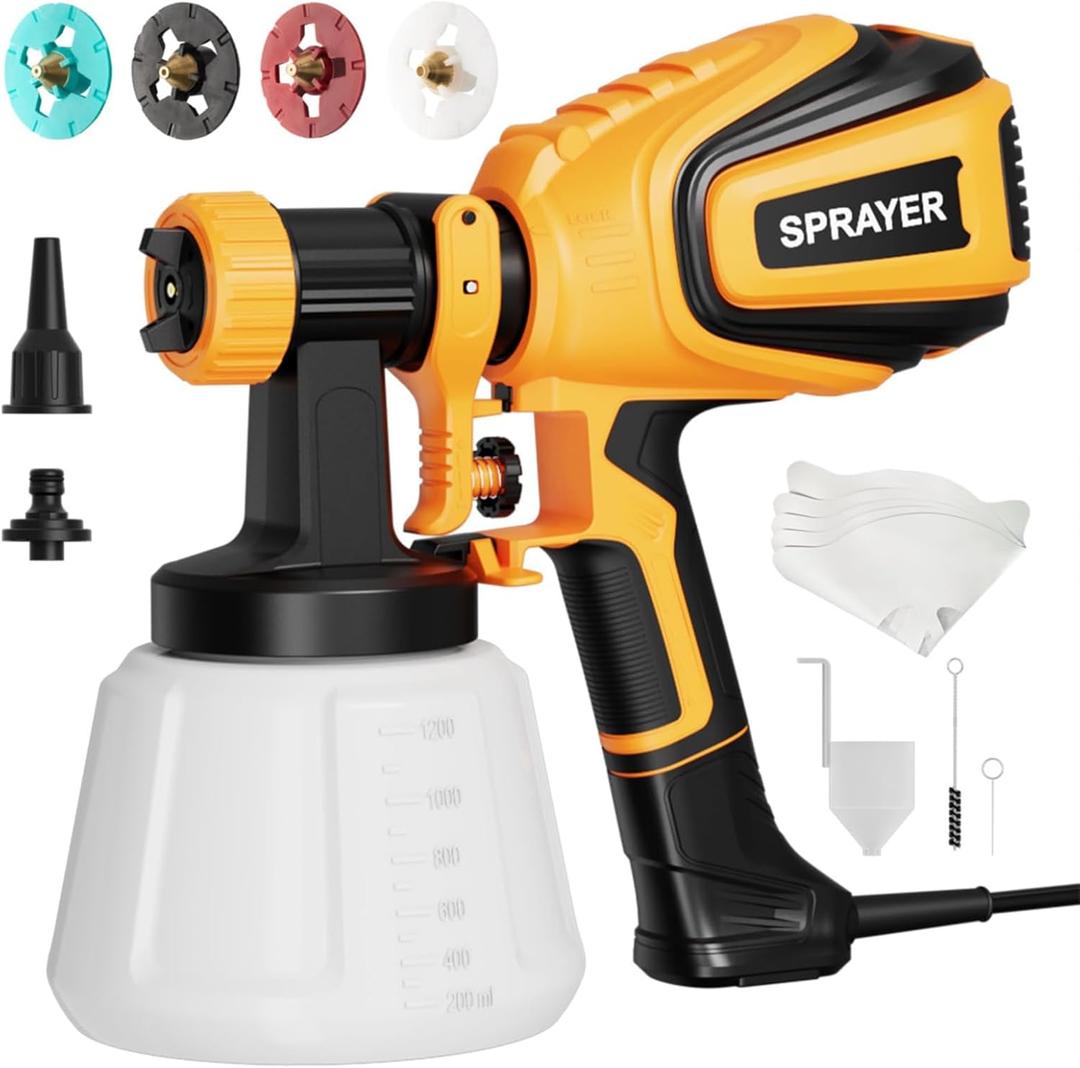 Paint Sprayer, 700W HVLP Spray with Cleaning & Blowing Joints, 4 Nozzles and 3 Patterns, Easy to Clean, for Furniture, Cabinets, Fence, Walls, Door, Garden Chairs etc. VF803 (Yellow)