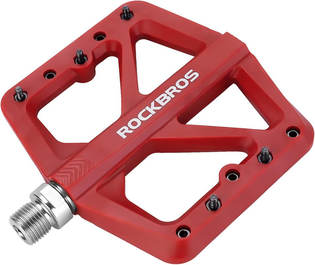 ROCKBROS Mountain Bike Pedals MTB Pedals Lightweight Nylon Composite Bicycle Flat Pedals 9/16" DU Bearing Bike Platform Pedals for BMX MTB Mountain Road Bike (Red)