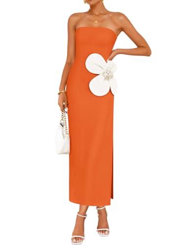 ZESICA Women's Summer Strapless Bodycon Maxi Dress 2026 Ribbed Knit Backless Floral Tube Cocktail Party Long Dresses,Orange,X-Large