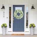 White Faux Silk Flower Spring Summer Easter Wreath 24-26" for Front Door  Anemone Daisy Tagetes Erecta Green Eucalyptus and Fern Leaves  Farmhouse Front Porch Wreath, Outdoor Indoor Use