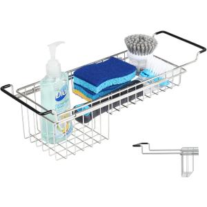 TreeLen Over The Kitchen Sink Caddy Sponge Holder Organizer Drying Rack Expandable for Sponge Brush Soap 13.8" to 20.8", Stainless Steel