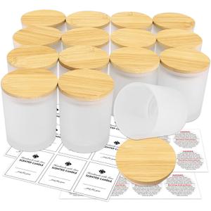 15 Pack Empty Candle Jars, 7oz Frosted Glass Jars with Bamboo Lids Candle Containers in Bulk for Making Candles, Stickers and Labels Included