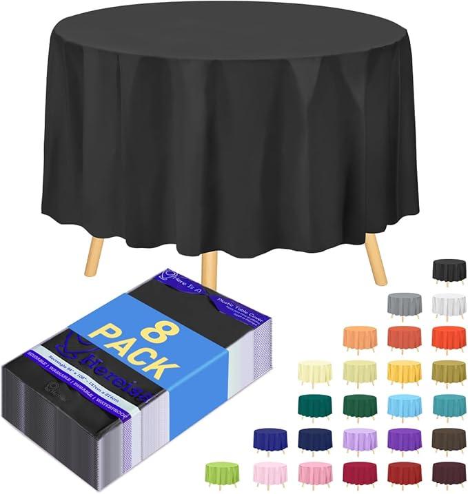 8-Pack Black Disposable Plastic Tablecloths Round 84 Inch Diameter - Heavy Duty Waterproof Party Table Covers for Weddings, Banquets & Events