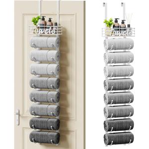 SWTYMIKI Hanging Towel Racks for Bathroom - 9 Tier Over The Door & Wall Mounted Bath Rolled Towel Storage Organizer Holder for Small Bathroom, RV, Camper, White (Patented)