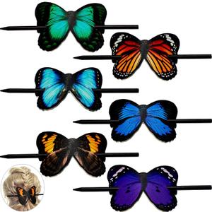 Jutom 6 Pcs Colorful Hair Barrettes with Butterfly Faux Leather Clips, Wood Stick, for Women and Girls, Hair Accessories