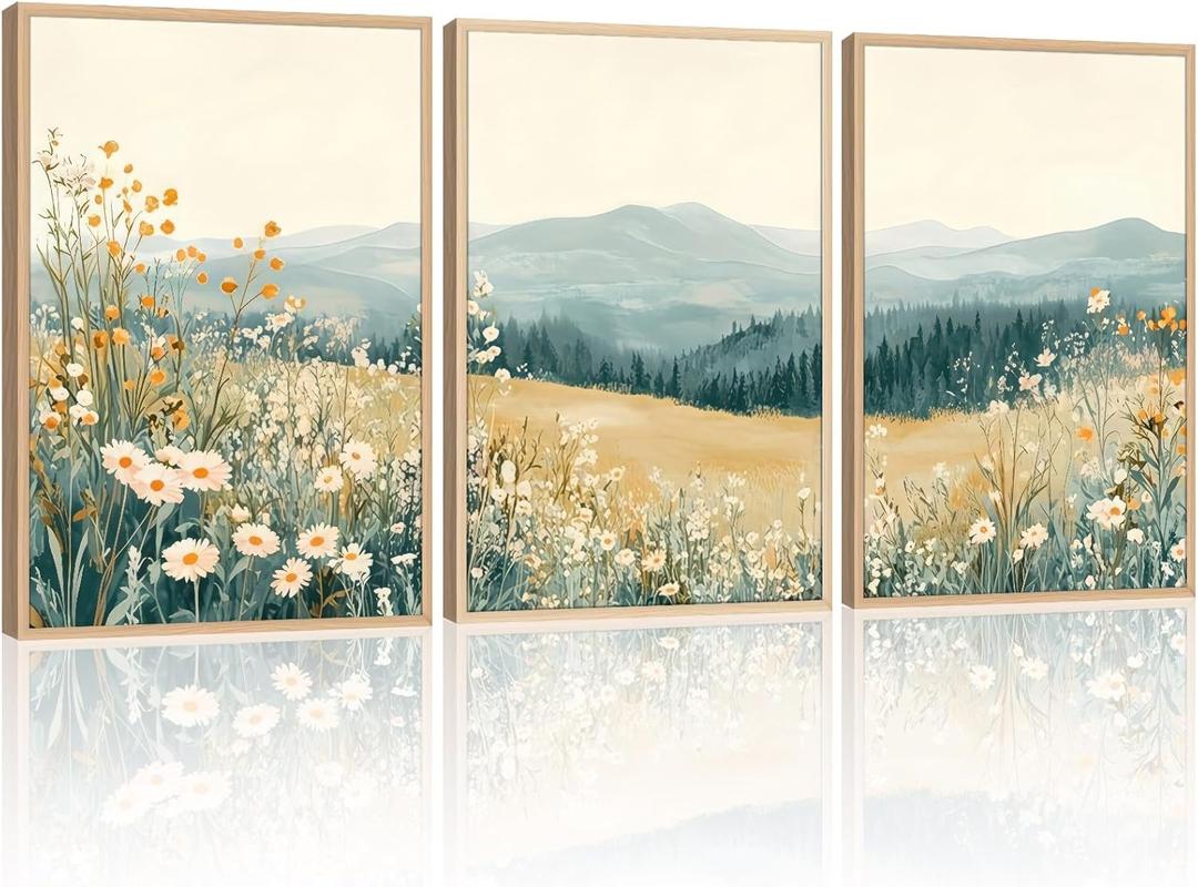 3 Pcs Framed Mountain Wildflower Wall Art Triptych Natural Landscape Canvas Prints Large Farmhouse Daisy Poster Botanical Picture Painting for Living Room Bedroom Decor 12x16IN
