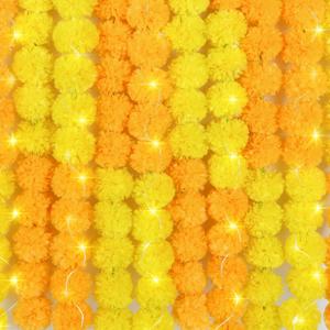 Marigold Garland with LED Lights, 5PCS 5FT Artificial Marigold Garland Indian Garlands for Decoration for Diwali, Pooja, Wedding Christmas Dcor (5Y/5O Cluster)