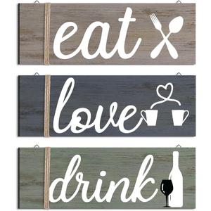 Jetec 3 Pcs Farmhouse Kitchen Wall Decor Rustic Wooden Home Eat Drink Love Sign with Hanging Hole for Home Dining Living Room Bar Cafe Decor(Soft Color)