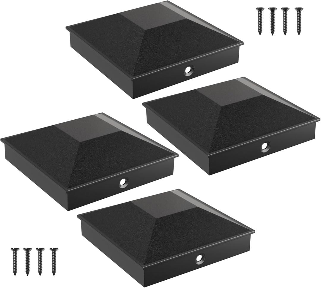 HILLMASTER 4X4 Post Caps for 3.5inx3.5in Wood Fence Post, Water-Proof UV-Proof Durable PP Plastic Decking Post Top Cap Cover with Mounting Screws, 4 Pcs, Black