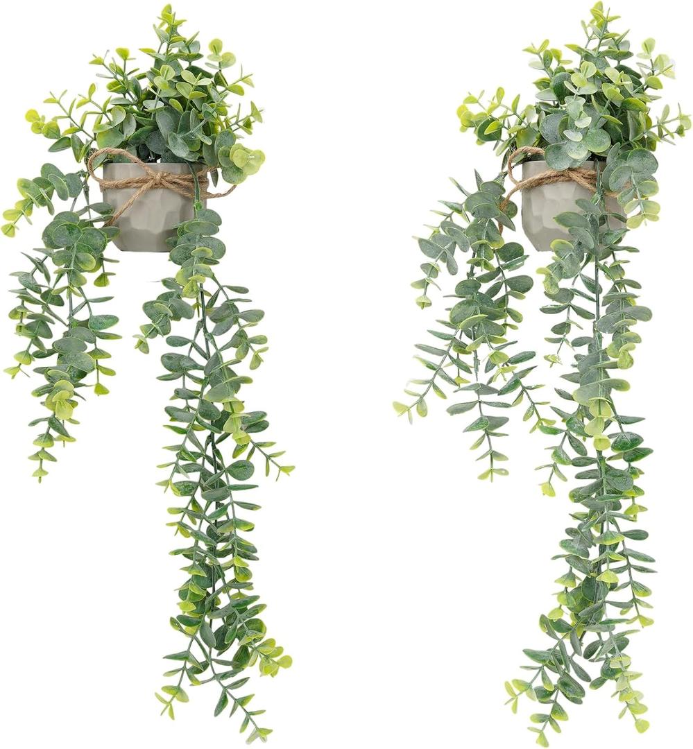 Artificial Hanging Faux Eucalyptus Plants in Small Gray Geometry Concrete Pots with Lanyard for Greenery Wall Shelve Decor (2PCS,Green)