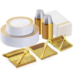 Bestluck 175PCS Gold Plastic Dinnerware Set for 25 Guests, Disposable Plates for Party, Wedding and Dinner, Include 25 Dinner Plates, 25 Dessert Plates, 25 Set Silverware, 25 Cups, 25 Napkins