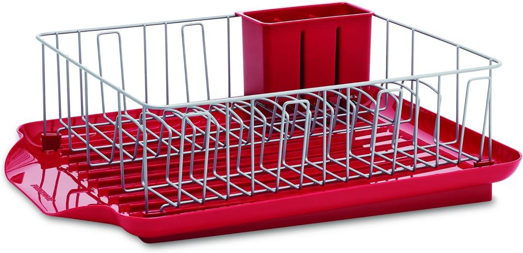 Farberware Classic Large Rust Resistant Full Dishrack with Removable 3 Compartment Flatware Caddy, Andlged Drain Board, 3-Piece, Red