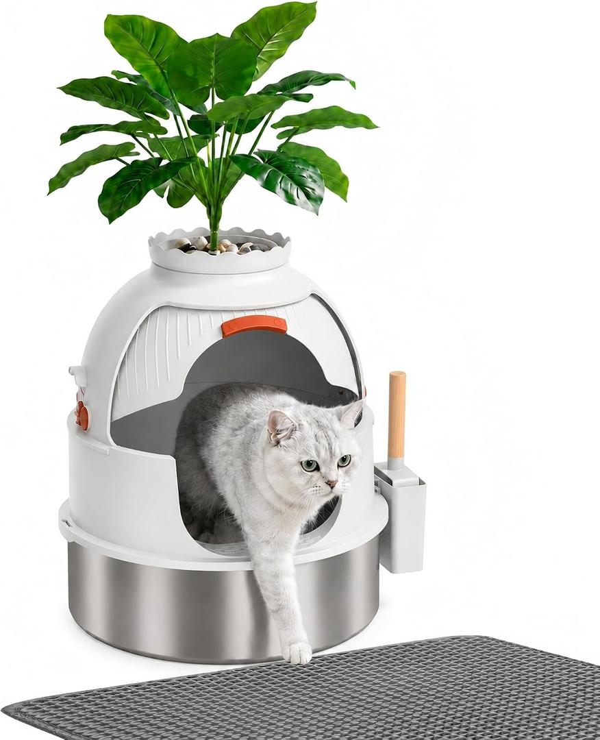 Gimars Hidden Litter Box with Faux Plant, Stainless Steel Litter Box Enclosure, 18.9" L x 18.9" W x 21.7" H Decorative Cat Litter Box Furniture, Odor Control, Easy to Clean