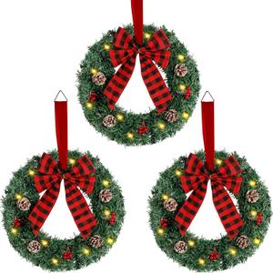 ATDAWN 3 Pack Mini Christmas Wreath, Lighted Christmas Front Door Wreath, Xmas Wreath for Holiday Christmas Party Decorations (Plaid Bow)