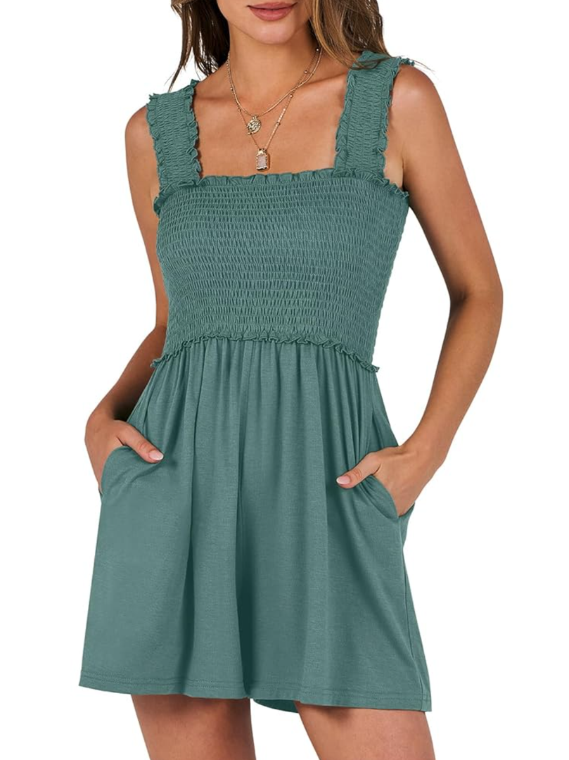 Caracilia Women's Summer Casual Smocked Rompers Square Neck Sleeveless Loose Shorts Jumpsuit 2025 Beach Vacation Outfits M