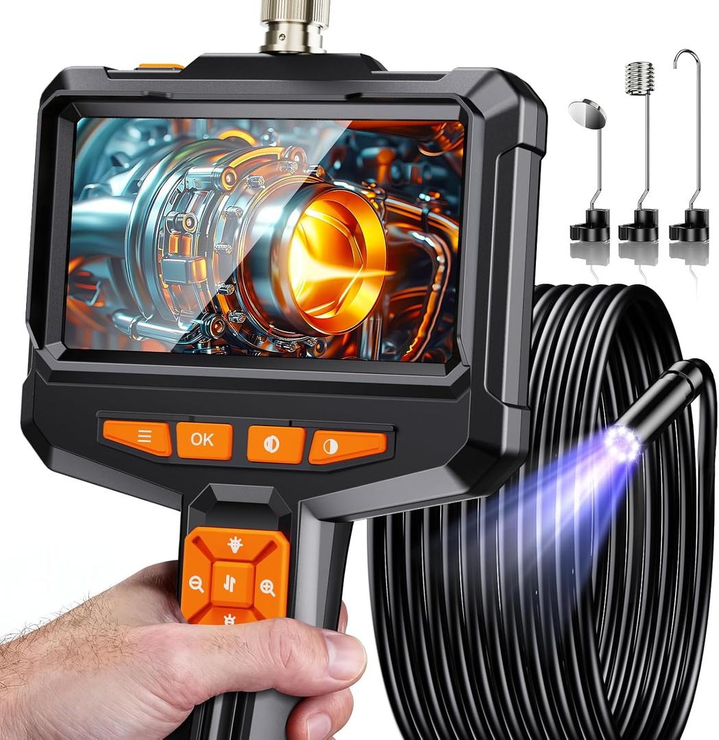 Endoscope Camera with Light, Handheld Borescope Inspection Camera with 4.3" IPS Screen, AukonVee IP67 Waterproof with 8 Adjustable LED Lights & 16.5FT Semi-Rigid Snake Camera, Bore Scope Tools for Men