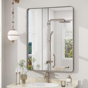 22x30 Inch Silver Bathroom Mirror, Brushed Metal Framed Vanity Mirror for Wall, Rounded Corner Rectangle Mirror, Anti- Rust (Horizontal/Vertical)