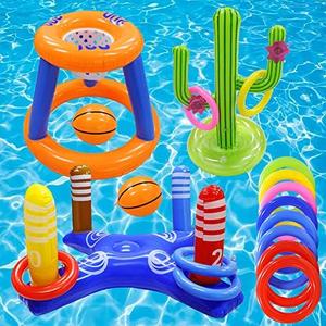 Gemle Pool Toys Games Set,Pool Basketball Hoop Inflatable Cross Ring Toss Game and Inflatable Cactus Kids for Teens Adults and Family (3 Set Water Toys)