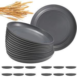 HEYCOME 12 Pcs Unbreakable Deep Dinner Plates Set, 10 inch Reusable Plastic Wheat Straw Plates, Microwave and Dishwasher Safe Plate for Kitchen, Lightweight Plate for Dessert, BPA Free, Dark Gray