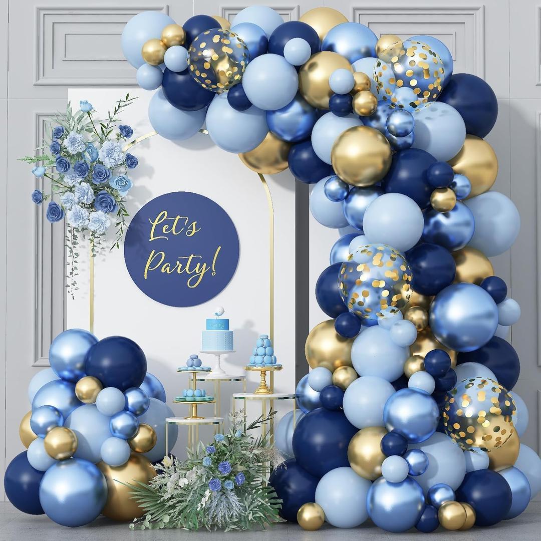 Blue Gold Balloons Garland Arch Kit, Navy Blue Light Blue Metallic Gold Blue Balloon Arch Kit, Macaron Blue Gold Confetti Balloon for Birthday Wedding Graduation Baby Shower Party Decorations