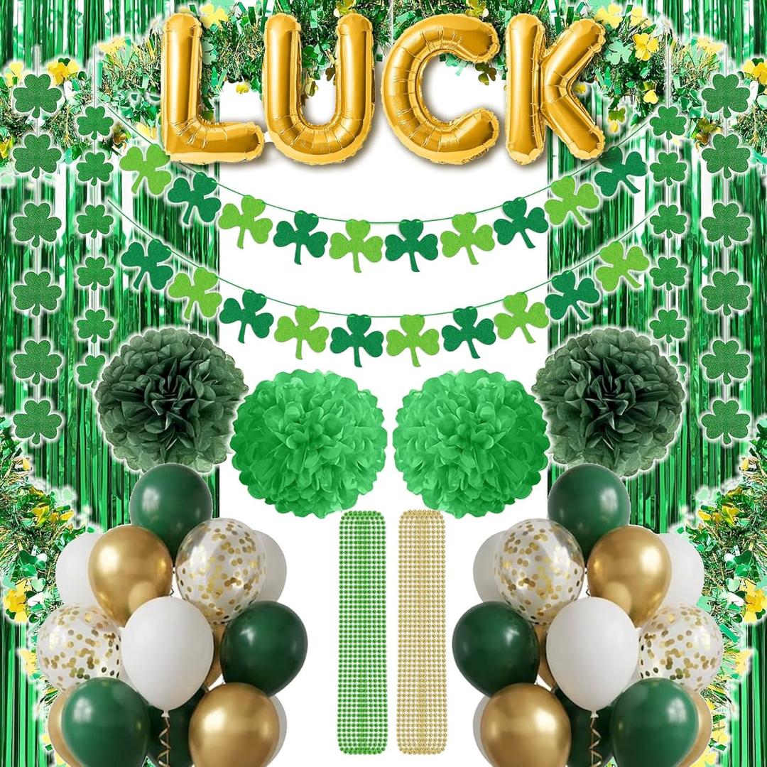 76-Piece St Patricks Day Decorations Kit, Party Favors Include Foil Balloons, Garland Banner, Balloons, Paper Poms, Tinsel Garland, Necklace, Hanging Garland, Fringe Curtains for Irish Party Supplies