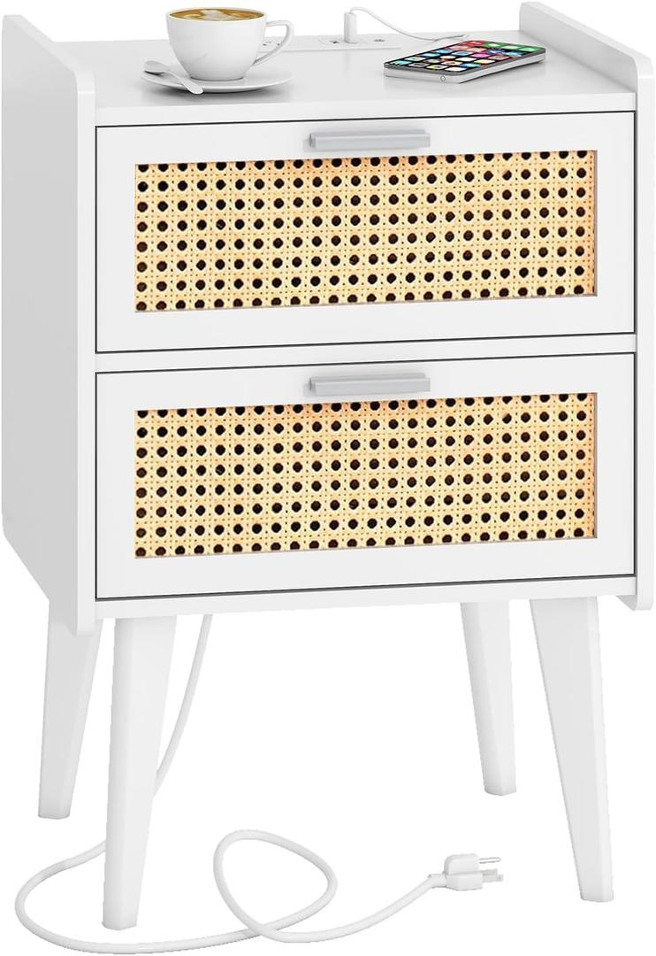 HHETOGOL Small White Rattan Nightstand with Charging Station & 2 Rattan-Like Decor Drawers,Small End Table with Solid Wood Feet Bedside Table Small Bedroom, Living Room, White,TTBZ02WE