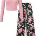 Girl's 2 Piece Outfits Long Sleeve Crewneck T Shirt and Wide Leg Camo Pants Set Casual Streetwear (11Y)