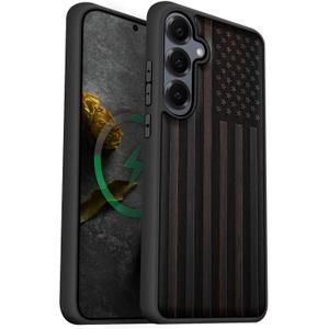 Carveit Magnetic Wooden Case for Galaxy S25+ Samsung S25 Plus Case, TPU Shockproof Cover & Wood Engraved, Compatible with MagSafe Wireless Chargers (American Flag) Blackwood