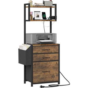 HIGDBFE 3 Drawer File Cabinet with Charging Station, 45''H, 3-Tier Filing Cabinet for Home Office, 11''*16'' for Small Printer, Fabric Drawer Fits Letter/A4, Tall Printer Stand, Rustic Brown