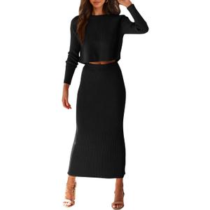 PRETTYGARDEN Women's Spring Fall 2 Piece Sweater Set Rib Knit Long Sleeve Crop Top Maxi Bodycon Skirt Casual Winter Outfits (Large, Black)