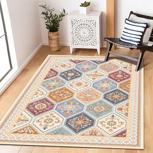 4x6 Washable Area Rug with Non-Slip Backing Low-Pile Soft Moroccan Printed Rug for Entryway, Living Room, Farmhouse, Bedroom- Multi
