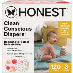 The Honest Company Clean Conscious Diapers for Sensitive Skin, Up to 100% Leakproof Hypoallergenic Fragrance-Free Baby Diapers, Girl Prints, Super Club Box, Size 3 (1628 lbs), 120 Count (Just Peachy + Flower Power)
