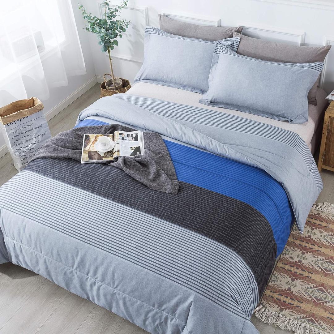 Andency Stripe Blue Comforter Set King Size, 3 Pieces Gray and Blue Patchwork Striped Comforter(104x90 Inch), Soft Microfiber Down Alternative Comforter Bedding Set with Corner Loops