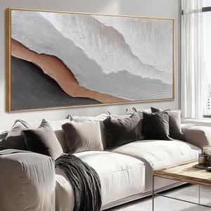 Textured White Wall Art,Grey Abstract Artwork,Large Framed Modern Pictures,Wave Landscape Oil Painting 24"x48"for Home Office Gallery (SOUGUAN-BHZ60120)