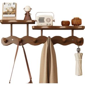 Wall-Mounted Coat Rack with Shelf, Wooden Coat Hanger with 6 Sturdy Hooks, Drill-Mounted Design for Hanging Clothes, Hats, Towels, Bags, and Robes (Brown)