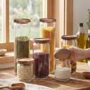 SiliFine 6 Set Glass Pantry Storage Jar with Acacia Airtight Lid 3 Size Glass Storage Container Jar for Pasta Spaghetti Cereal Coffee Bean Flour Sugar Rice, 17oz, 35oz, 53oz (Wood Lid)