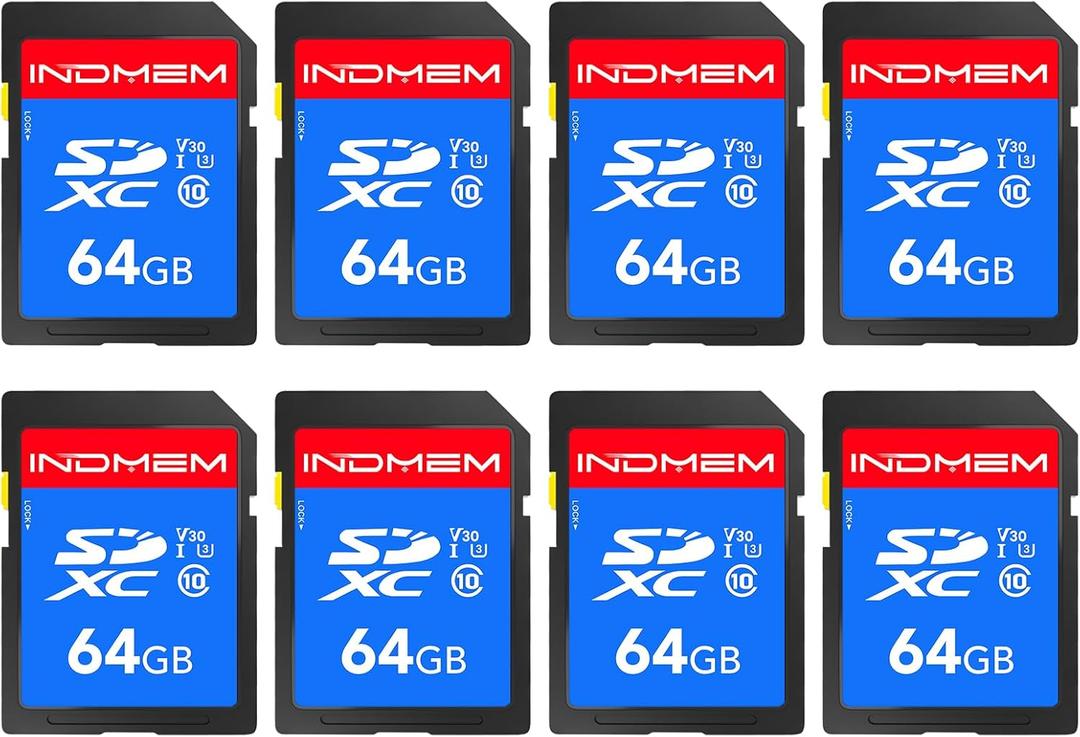 INDMEM SD Card 64GB 8-Pack, Class 10 64GB High Speed up to 90M/S Full HD Video Flash Memory Card MLC Standard Secure Digital Cards Camera Cards