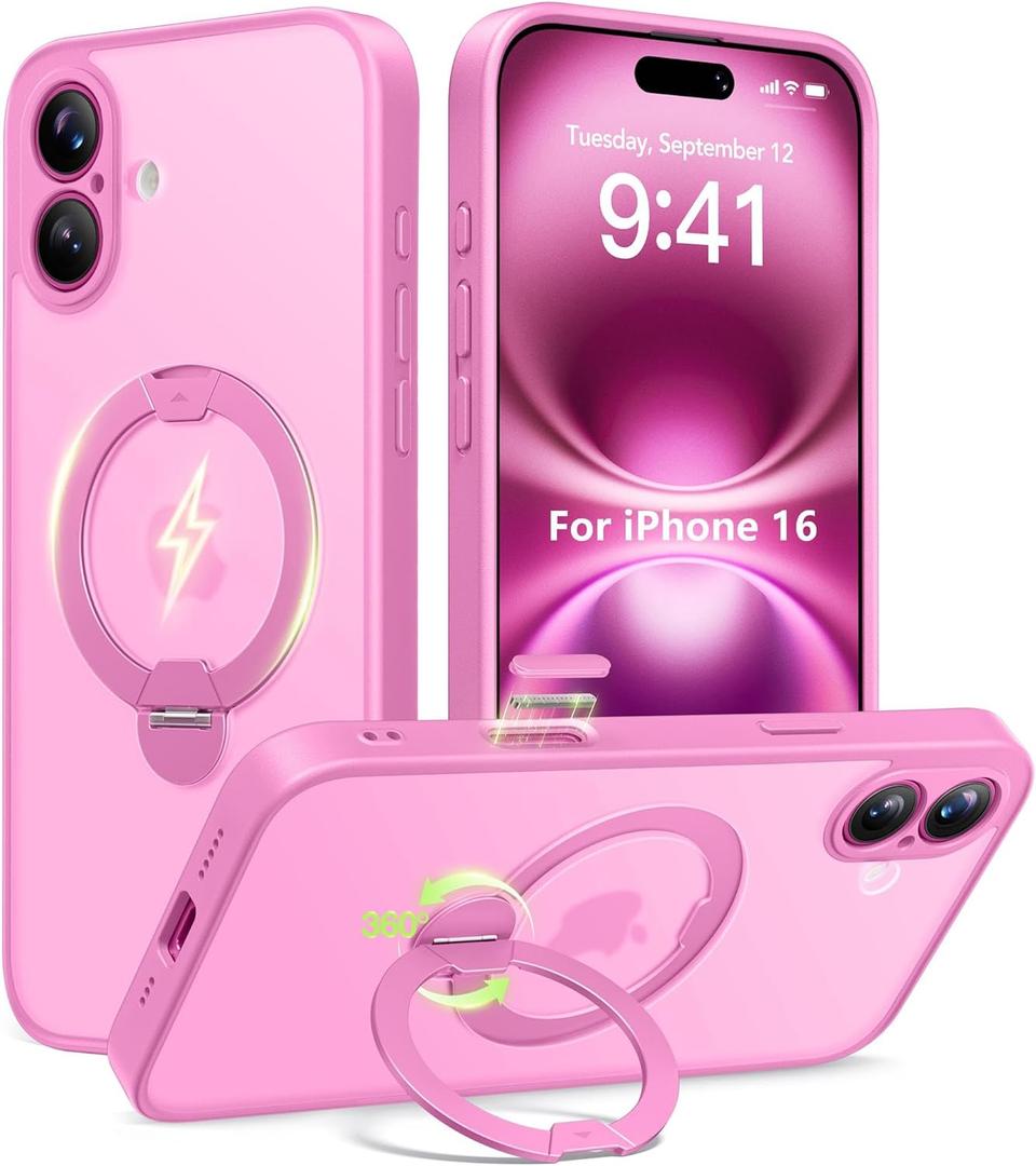 Upgraded Magnetic for iPhone 16 Case,[Unbreakable & Magnetic Stand] [Military-Grade Protection] [Phone Case Compatible with MagSafe] Slim Translucent Matte Shockproof Phone Cover,Rose Pink