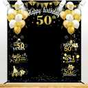 Large 50th Birthday Decorations, Big 50 Birthday Banner for Women Men, Black Gold Funny Fifty Years Bday Photo Booth Props Party Supplies for Outdoor Indoor