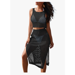 Pink Queen Women 2 Piece Swimsuit Crochet Hollow Out Swim Cover Up Bikini Swimwear Knit Mesh Tunic Beach Dress Side Slit, M