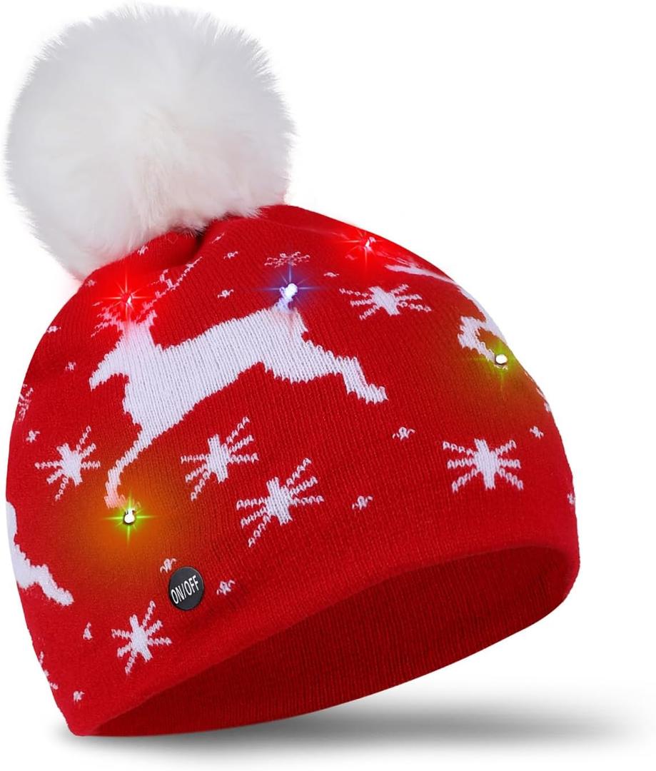 Light Up Christmas Beanie Hats for Adults - Knit Winter Pom Pom Snow Cap, Holiday Xmas Party Supplies (Reindeer Design)