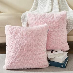18 x 18 Pink Throw Pillow Covers Couch Throw Pillow Cases for Living Room Bed Room Faux Rabbit Fur with Rose Pattern Square Light Pink Cushion Covers for Bed Couch Sofa Chairs