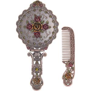 Nerien Vintage Mirror Comb Set Metal Antique Rose Style Handheld Makeup Mirror Travel Round Folding Cosmetic Mirror Women's Vanity Handle Foldable Mirrors Decorative Tabletop Mirrors Copper